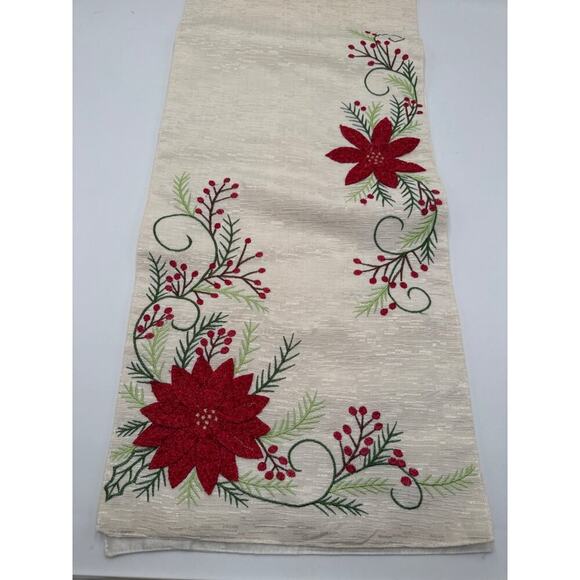 Ridgefield Home Embroidered Festive Table Runner With Poinsettia Design 14"X72" - Picture 1 of 8